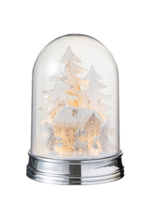 Campana Invierno Arbol + Casa + Figuritas Led Acrilico Blanco/( 16x16x25cm)